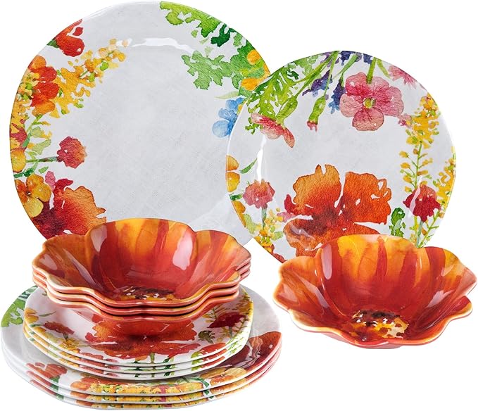 UPware 12 Piece Floral Melamine Dinnerware Sets Outdoor Dishes Set Plates and Bowls Sets Service for 4 Multicolor