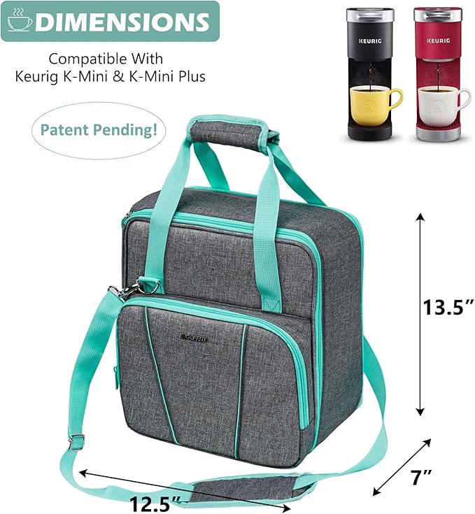 BAGSPRITE Coffee Maker Travel Bag Compatible with Keurig K-Mini or K-Mini Plus Single Serve Coffee Brewer Carrying Case with Multiple Pockets for K-Cup Pods Storage Bag With Shoulder Strap