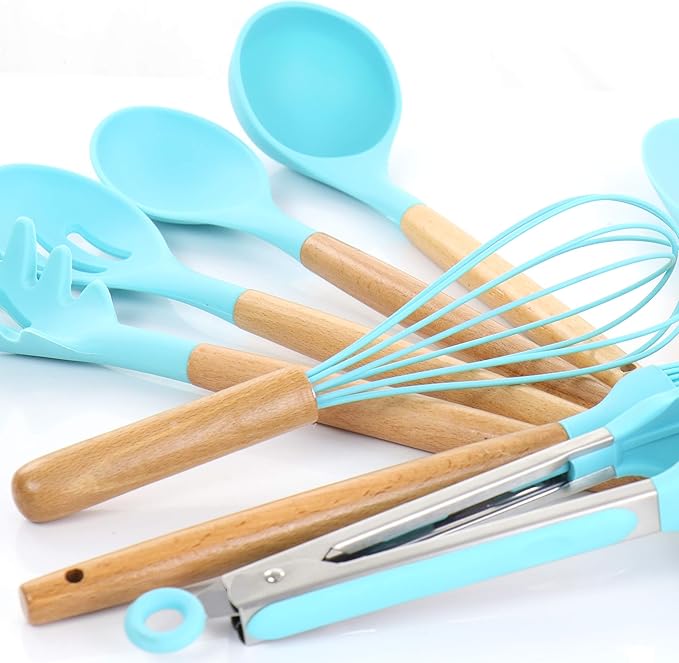 MegaChef Tool Wooden Cookware Utensil Set 12 Piece Light Teal and Wood Texture
