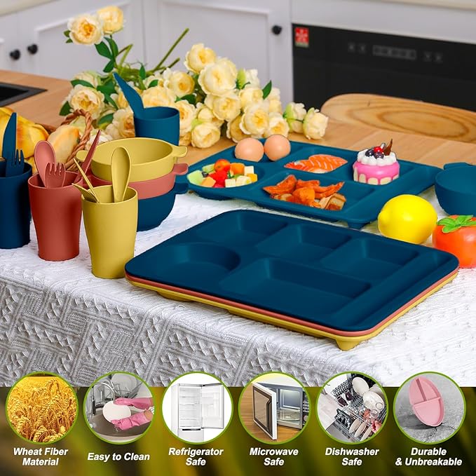 Bokon 24 Pcs Divided Plate for Adult Wheat Straw Lunch cutlery Set Toddler Dinnerware Microwave Safe Picnic School(Classic Color)