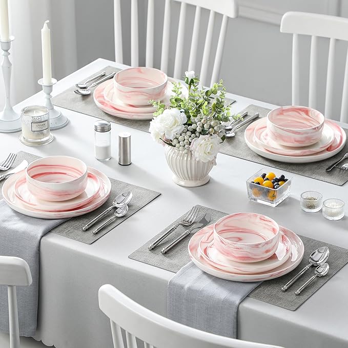 MALACASA Plates and Bowls Sets 12 Pieces Porcelain Dinnerware Sets Dishware Sets Chip Resistant Ceramic Dish Set Dining Dinner Ware Service for 4 Marble Pink Series LUNA