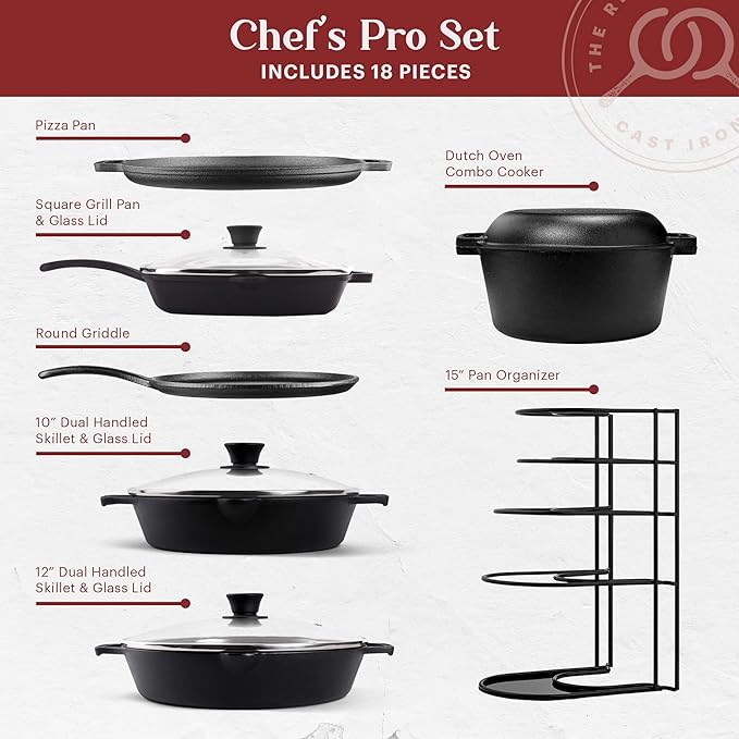 Cuisinel Cast Iron 18-Piece Preseasoned Cookware Set: 10+12 Skillets w/Lids + 5-Qt Dutch Oven + 10.5 Square Grill Pan w/Lid + Pizza Pan + Round Griddle + 15 Organizer +Scraper + Silicone Handle