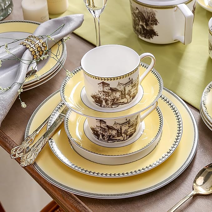 European court retro style Dinnerware Set Service for 6Afternoon tea Bone China Dinnerware SetsSteak Dinner Plates Dish Set (24Pcs)Freezer Safe Elegant Dining Plates VMKL