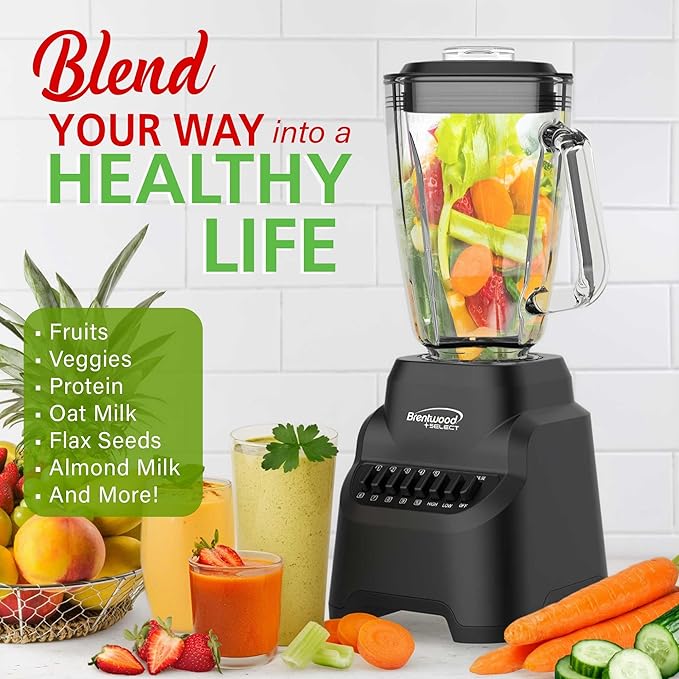 Brentwood Select JB-500BK 10-Speed Countertop Blender with Pulse Button 5.3-Cup Glass Jar Stainless Steel Blades Non-Slip Base Dishwasher-Safe Parts Black