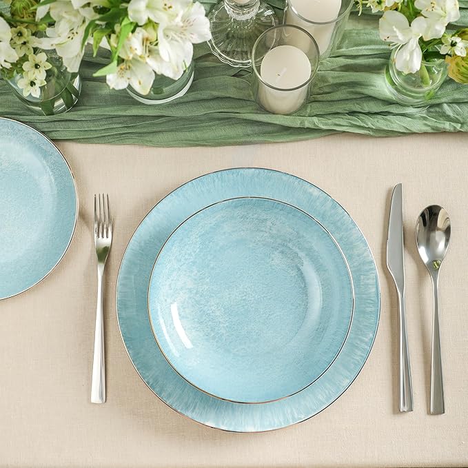 Christian Siriano Onyx 12-Piece Dinnerware Set Porcelain Plates and Bowls Set Hand Wash Dish Dish Set for 4 Blue and Gold