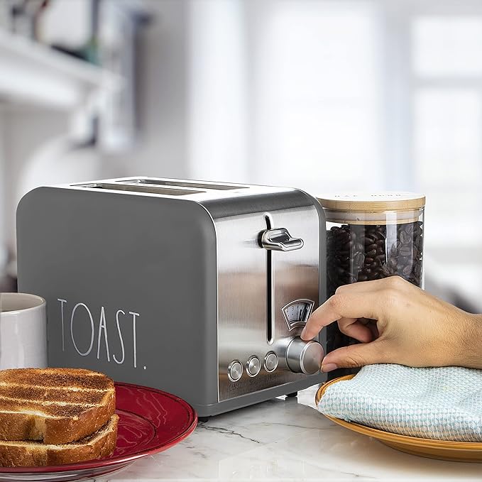 Rae Dunn Toaster Stainless Steel 2 Slice Square Toaster Wide Slot with 5 Browning Levels with Bagel Defrost and Cancel Options (Grey)