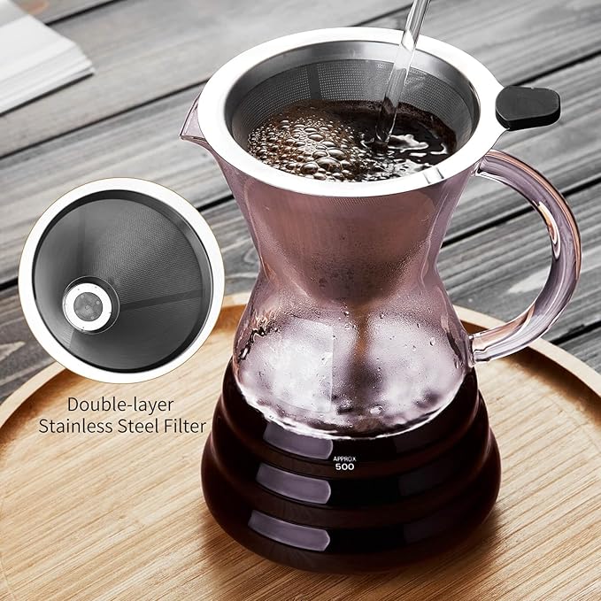 Unbreakable - Pour Over Coffee Maker with Permanent Stainless Filter 27 fl oz Thickened Heat-Resistant Borosilicate Glass Dripper Coffee Brewer Stovetop Safe Pink