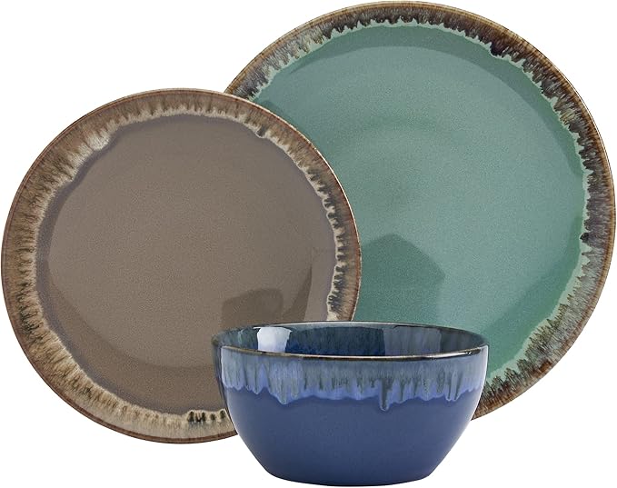 Tabletops Gallery Tuscan Reactive Glaze Stoneware- Dining Entertainment Plate Bowl Ceramic 12 Piece Tuscan Dinnerware Set (Blue Green and Brown)