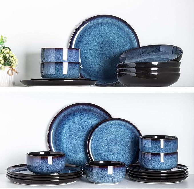 LeRatio Ceramic Dinnerware Sets for 4Porcelain Plates and Bowls SetsHandmade Reactive Glaze Dishes SetChip Resistant and Scratch Resistant | Oven&ampDishwasher &amp Microwave SafeService for 4-B