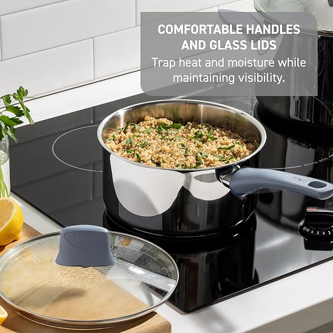 T-fal Essentials Stainless Steel Saute Pan with Lid 3.5 Quart Induction Compatible Oven Safe 350F Perfect For Sautéing Browning &amp Simmering Saucepan Measuring Marks Dishwasher Safe Silver/
