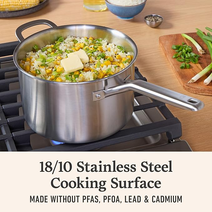 Calphalon Brushed 3-Ply Stainless Steel Cookware Set w/Turbo Heat Tech 4.5Qt Sauce Pan with Lid Induction Oven Safe 450F Brushed Satinless Silver