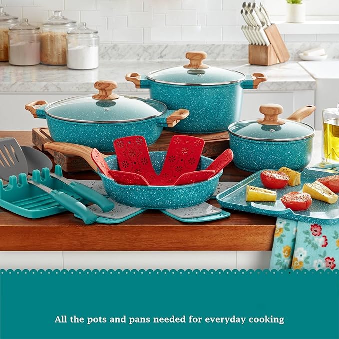 14-Piece Cast Aluminum Cookware Set with Lids Utensils and Pan Protectors – Nonstick Interior &amp Speckled Exterior – Teal Speckle