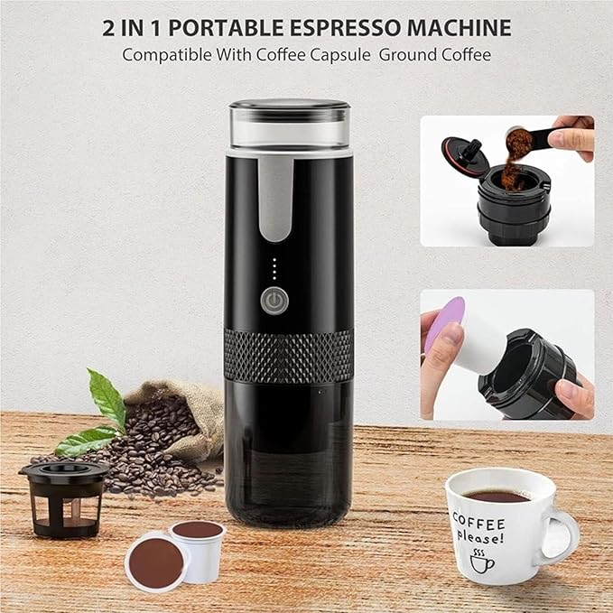 Portable Coffee Maker 170ml Capacity Rechargeable Electric Ground Coffee Capsules Maker for Travel Camping Office