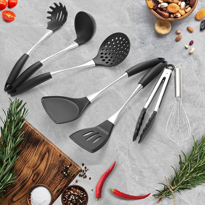 Premium Black Silicone Cooking Utensils Set - Non-Toxic Heat Resistant&amp Non-Stick Kitchen Utensils Set with Spatula Spoon Whisk Tongs BPA Free Dishwasher Safe Black