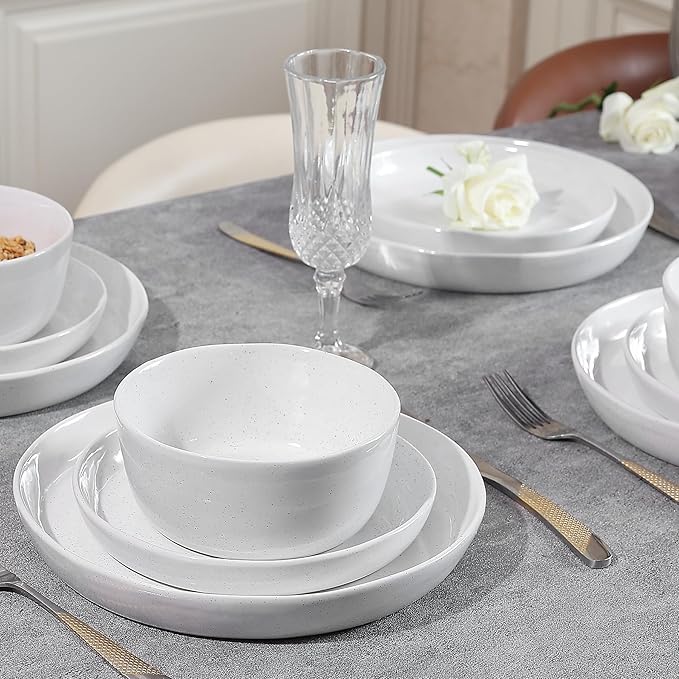 12pcs Ceramic Plate and Bowl SetsStoneware Dinnerware SetsService for 4Ceramic Kitchen Dinner SetPorcelain Dishes SetMicrowave&ampDishwasher SafeWhite