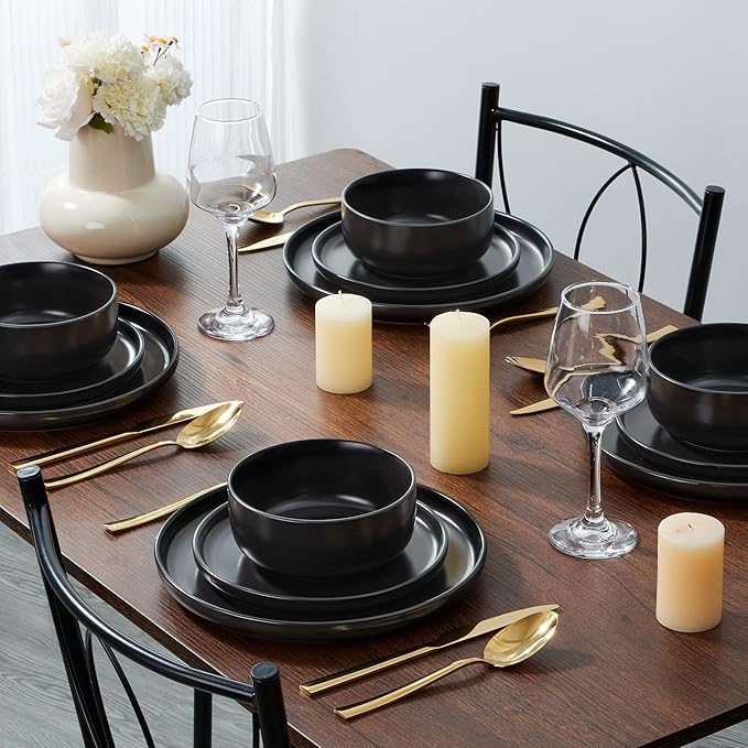 E-far Stoneware Dinnerware Sets for 6 18-Piece Plates and Bowls Set Modern Ceramic Dishes Dinning Ware Microwave &amp Dishwasher Safe - Matte Black