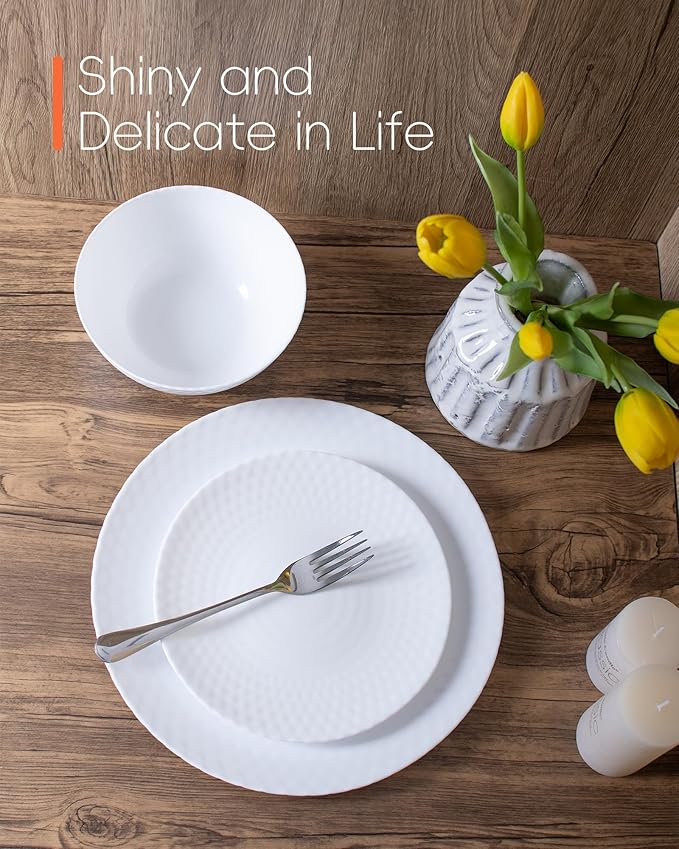 Dinnerware Sets Light &amp Durable 18 Pieces Opal Glass Plates and Bowls Set Dishwasher and Microwave Safe Dish Dinning Ware Thin but Strong Geometric Faceted White