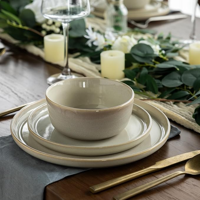 AmorArc Stoneware Dinnerware Sets for 4Round Reactive Glaze Ceramic Plates and Bowls SetHighly Scrath Resistant | Dishwasher &amp Microwave Safe Dishes SetService for 4 (12pc)