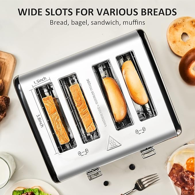 Roter Mond Countdown Stainless Steel 4 Slice Toaster with Bagel Defrost Cancel Function Dual Toaster Extra Wide Slots 6 Shade Settings Removable Crumb Trays 1650W Black