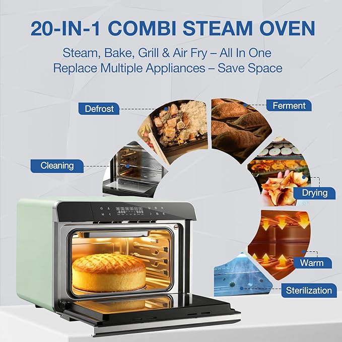 ROBAM Toaster Air Fryer Combi Oven Countertop Steam Oven 20-in-1 with Convection Steam Roast &amp Bake Multi-Stage Cooking Self-Clean 7 Modes 30 Built-In Recipes for Kitchen Pizza Baking (Green
