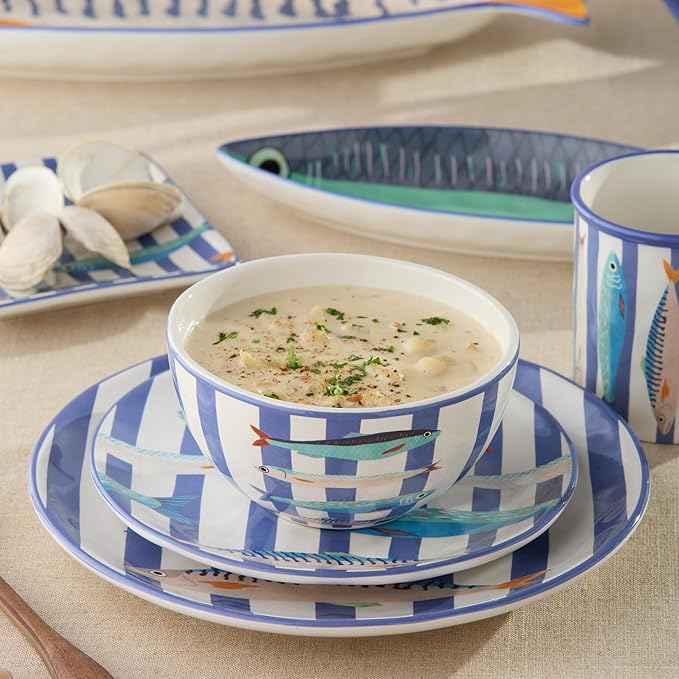 Something Fishy 16-Piece Ceramic DINNERWARE SETSERVICE for 4 Coastal Blue Striped Plates Mugs and Bowls with Artist-Designed Fish Artwork for Beach House Dining and Entertaining