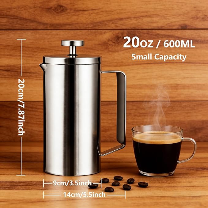 small French Press Coffee Maker 600ml Double-Wall Insulated French Press Coffee Press Stainless Steel for travel camping Silicone handle (2-4cup 20 OZ) silver