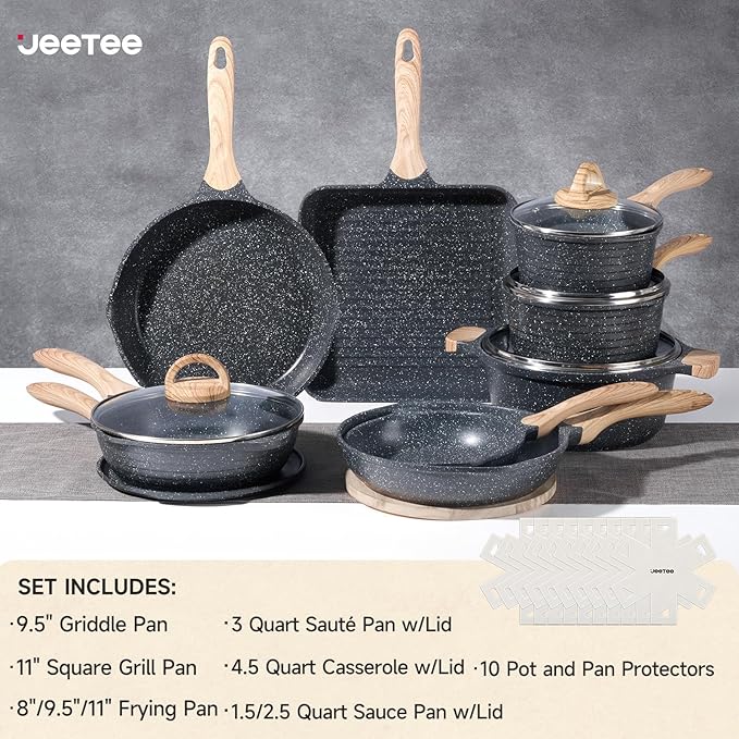 JEETEE Pots and Pans Set Non Stick 23pcs Healthy Kitchen Cookware Sets Induction Cooking Set W/Gray Frying Pans Saucepans Sauté &amp Griddle &amp Crepe Pan (PFOA PFAS Free)