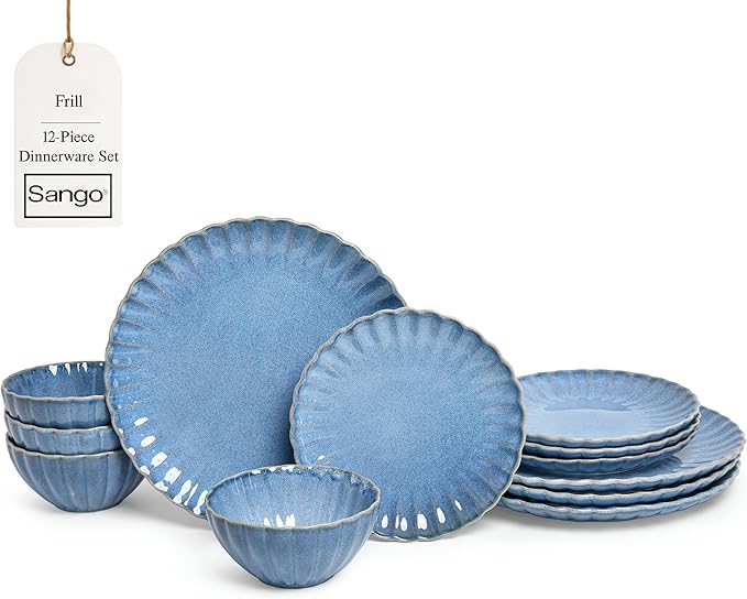 Sango 12 Pieces Stoneware Dinnerware Set Modern Reactive Blue Dishes for 4 Premium Serving Plates and Bowls Sets Chip Resistant Plate Ceramic Dishware Kitchen Dish Set Scallop Dining Ware Frill
