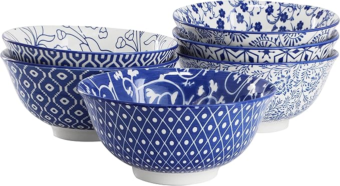 Elama Moxy 6 Piece Assorted Design 20 Ounce Porcelain Footed Blue Bowl Set Cereal Bowls Ice cream Bowls Serveware Tableware Set Dinnerware Set (Moxy)