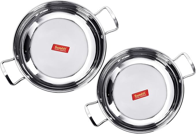 Sumeet Stainless Steel Encapsulated Bottom Induction and Gas Stove Friendly Kadhai - Set of 2 (Size No.11 and 12 1.5 L and 1.9 L)