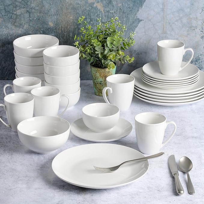 Gibson Home Oslo 8-Piece Dinner Plate Set – Porcelain Chip &amp Scratch Resistant White with Black Rim – Modern Round Plates for Everyday Use &amp Entertaining