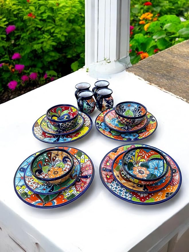 16-Piece Talavera Dinnerware Set | Hand-Painted Mexican Pottery with 4 Large 11.5” Plates 4 Small 8” Plates 4 Bowls and 4 Mugs | Unique Artisan-Made Ceramic Dish Set