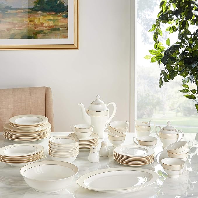 Lorren Home Trends La Luna Bone China 57-Piece Beige Border with 24K Gold Trim Dinnerware Set Service for 8