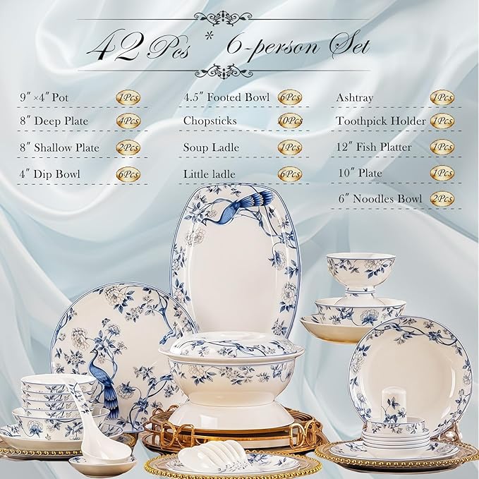 Fine Bone China Dinnerware SetPorcelain&ampCeramic Dinnerware SetsBone Stoneware &ampCeramic Cookware Tableware Set Includes Dinner Plates|Spoons|Pasta Bowls|Soup Pot|Chopsticks (42 PCS)