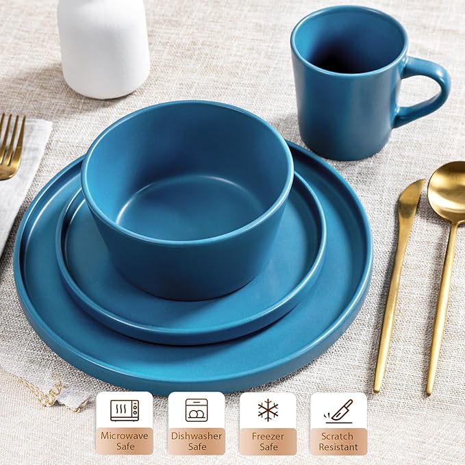 Plates and Bowls Sets for 4 - CJDC-QUELO 16 Piece Stoneware Dinnerware Sets with Mugs Ceramic Dishware Sets for Kitchen Dining Use Chip and Scratch Resistant Microwave Dishwasher Safe Blue