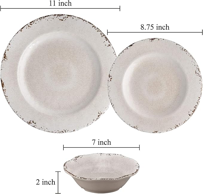 Supreme Housewares 12-Piece Melamine Dinnerware Set Includes Dinner Plates Salad Plates Bowls Service for 4. (Crackle Cream)