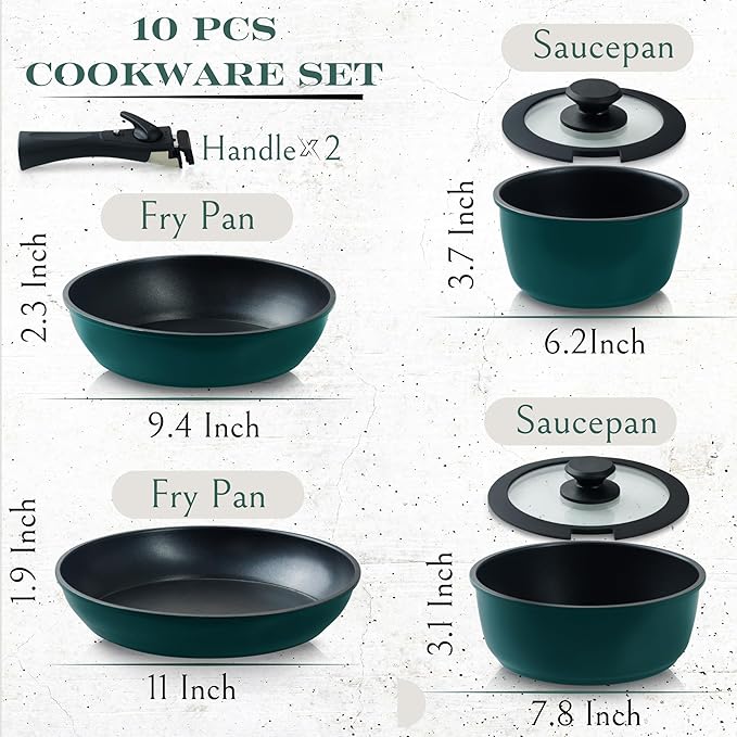 Moss &amp Stone Aluminum Pots And Pans Set Nonstick Removable Handle Cookware Stackable  Dishwasher Safe Induction Camping Cookware Set. (10 Pieces Blue)