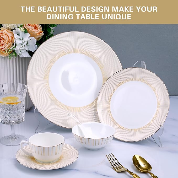 24 Piece White Porcelain Dinnerware Set for 4 Sunburst Design Plates and Bowls Sets with Gold RimHighly Chip and Crack Resistant | Dishwasher Safe Dishes Set
