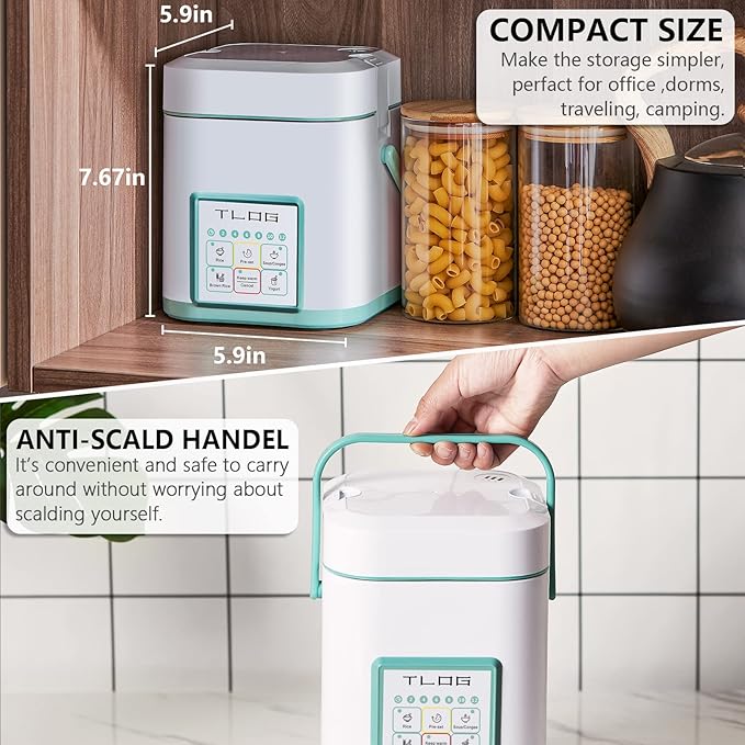 TLOG Mini Rice Cooker 2.5 Cups Uncooked Healthy Ceramic Coating Portable Rice Maker 1.2L Travel Rice Pot Small for 1-3 People Personal Rice maker Food Steamer Multi-cooker for Grains Oats