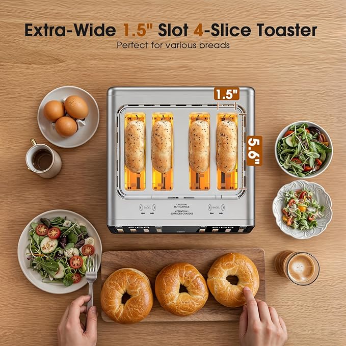 Smart Toaster 4 Slice Wide Slot– Dual Digital TouchScreen &amp Independent Control for Family | 1800W Stainless Steel for 5 Bread Types &amp 6 Toast Settings | Defrost Reheat &amp Single-Slice Mode