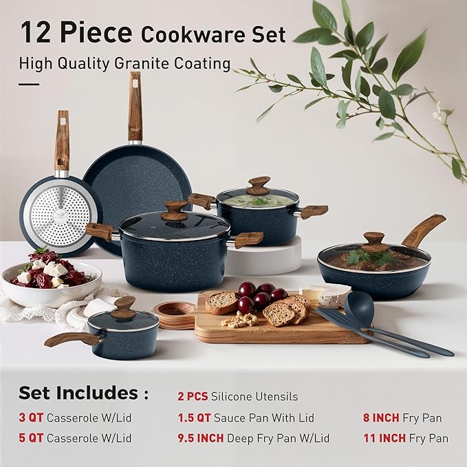 DisDelight Induction Pots and Pans Set Non Stick Nonstick Granite Kitchen Cookware Sets Blue Cooking Pans PFOA &amp PFOS Free