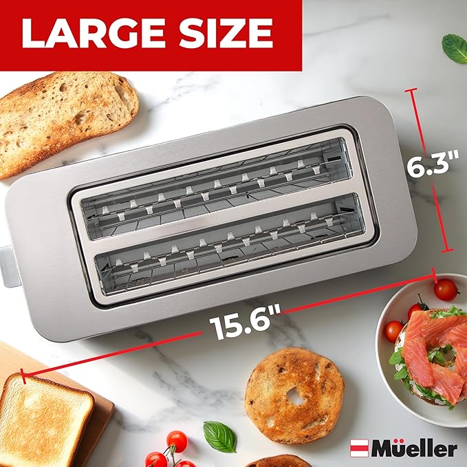 Mueller UltraToast Stainless Steel Toaster 4 Slice – Extra-Wide 1.6 Slots for Artisan Bread Bagels &amp Frozen Waffles 6 Browning Levels LED Display Cancel/Defrost/Reheat Removable Crumb Tray