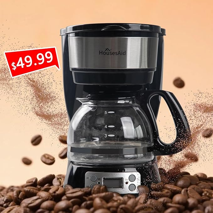 5-Cup Programmable Drip Coffee Maker with Digital Timer Glass Carafe24-Hour Auto Brew2-Hour Auto Shut-Off Pause &amp Pour Removable Filter BasketCompact Coffee Machine for Home &amp Office