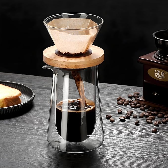 Portable Pour Over Coffee Maker Set 13oz Double Wall Glass Pour Over Coffee Dripper Plastic Free Simply Good Coffee Brewer for Home Café Restaurant Office Gift