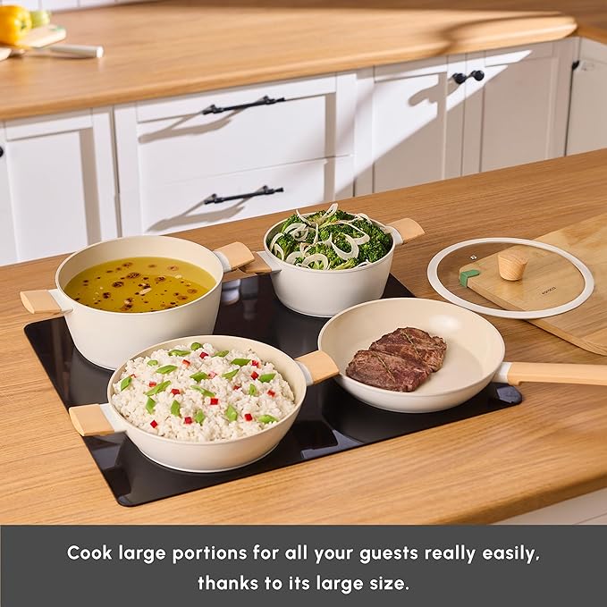 Karaca Swiss Crystal Almond - 7 Piece Non Stick Pots and Pan Set with Lids Induction Compatible Crystal Coated Ceramic Nonstick Kitchen Cookware Sets for Cooking without Oil - Cream