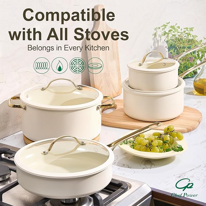 Chef Power Ceramic Cookware Sets 10Pcs Pots and Pans Set Non Stick Cookware Set with Stainless Steel Handle Dishwasher &amp Oven Safe Cream White and Light Gold Handle