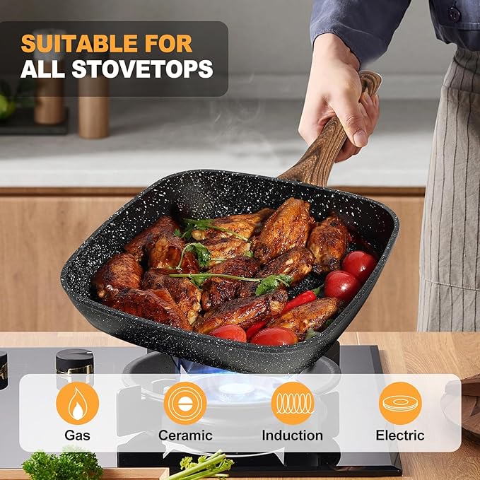 DUMOS 3 Pcs Grill Pans Set Nonstick Square Frying Pan Skillet Set with Stay Cool Handle &amp PFOA Free Compatible with All Stovetops (9.5 10 11) Light Black