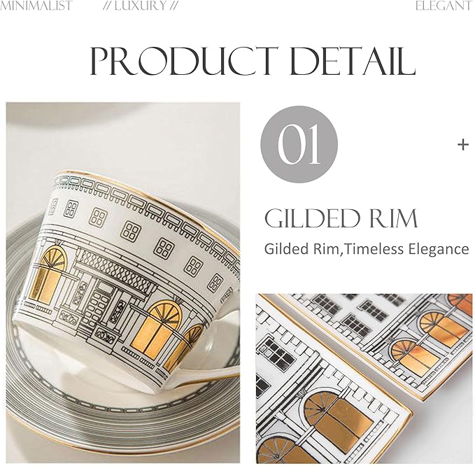 gold trim dinnerware set service for 6 24 pieces bone china dishes sets luxury european architectural plate set for anniversary opening Mother's Day afternoon tea