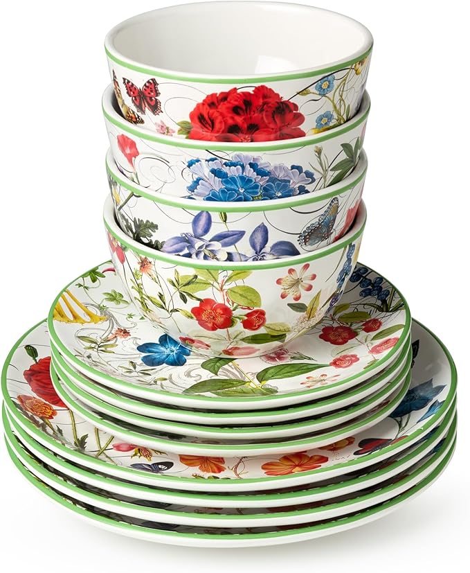 Greenhouse 16-Piece Dinnerware Set Service for 4 Botanical Patterns with Butterflies &amp Dragonflies Durable &amp Stylish Perfect for Brunches Family Dinners &amp Nature-Inspired Tablescapes