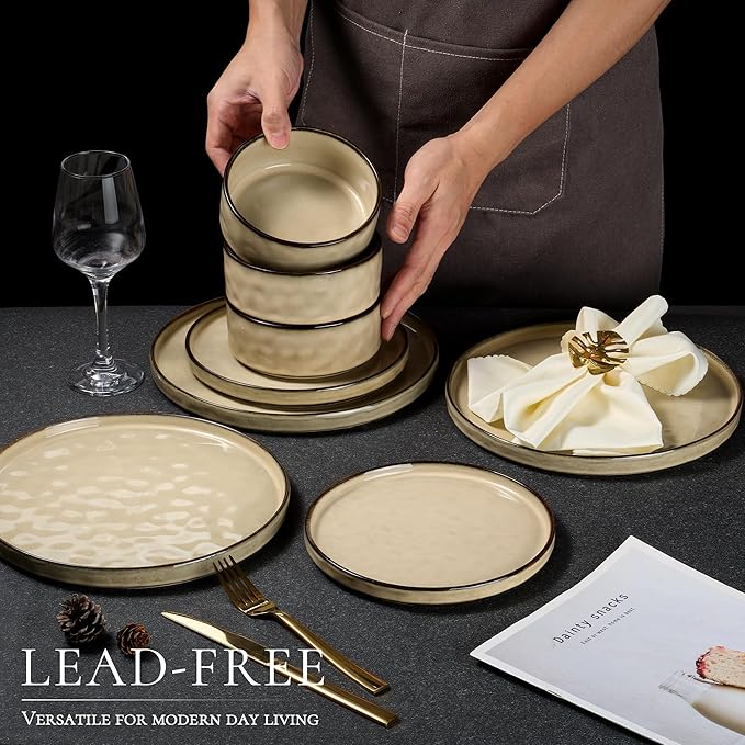 Vesteel Dinnerware Sets 12-Piece Stoneware Plates and Bowls Set Dishes Set for 4 Elegant Ceramic Dinnerware for Home Restaurant - Khaki